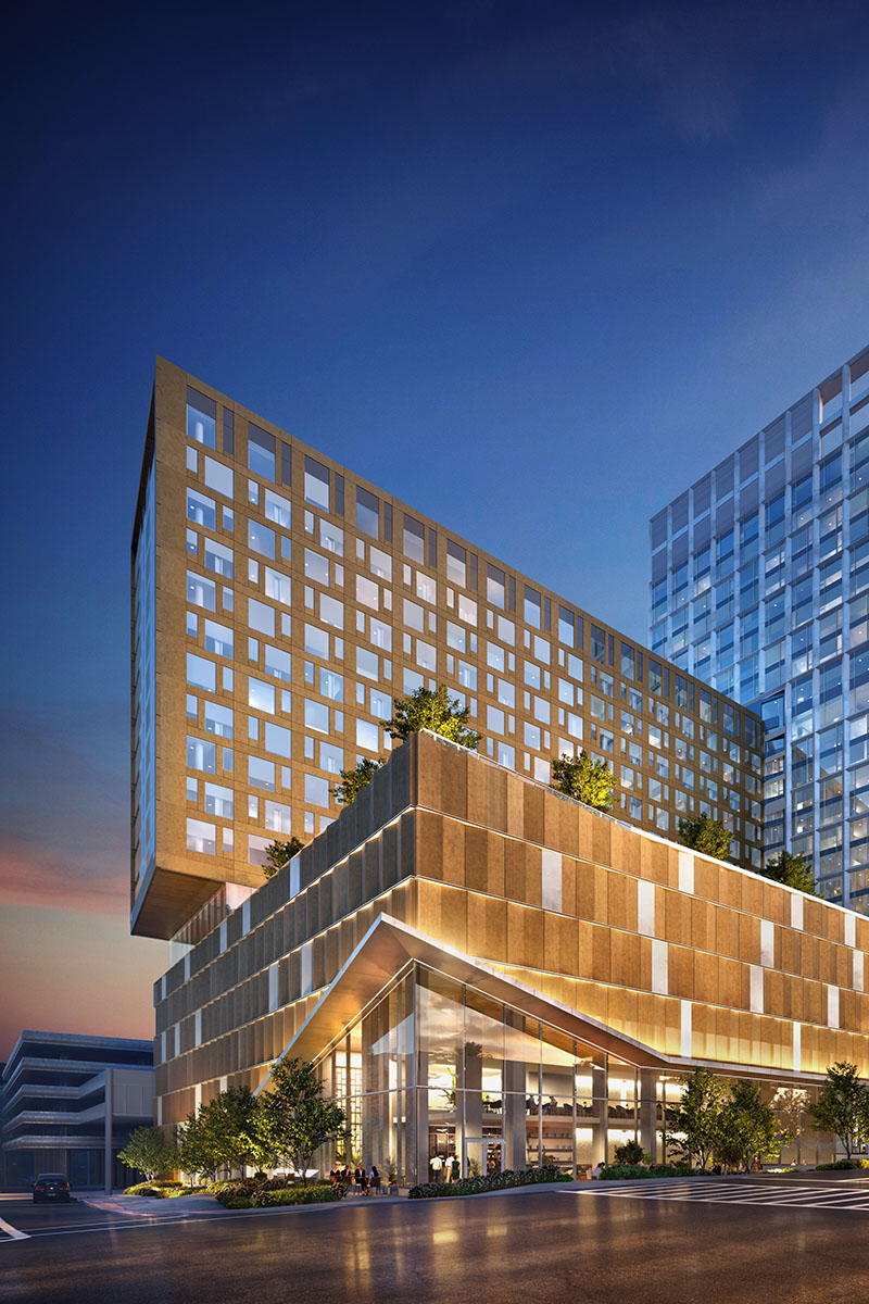 Rendering of 25 North Lex with striking angular modern architecture and glass construction.
