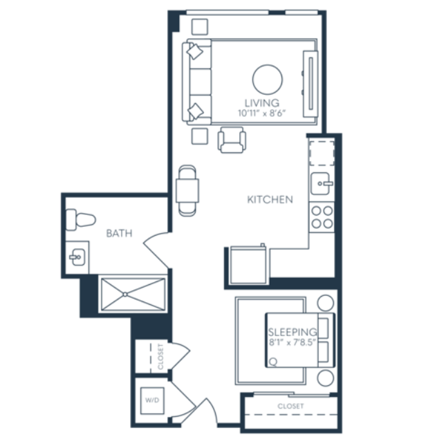 Rendering of the S3 floor plan with a Studio bedroom and 1 bathroom[s] at 25 North Lex