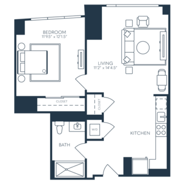 Rendering of the A4 floor plan with 1 bedroom[s] and 1 bathroom[s] at 25 North Lex