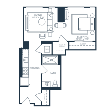 Rendering of the S7 floor plan with a Studio bedroom and 1 bathroom[s] at 25 North Lex