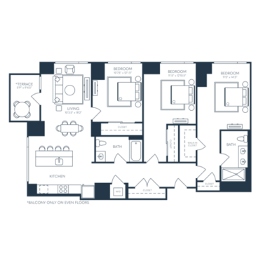 Rendering of the C1 floor plan with 3 bedroom[s] and 2 bathroom[s] at 25 North Lex