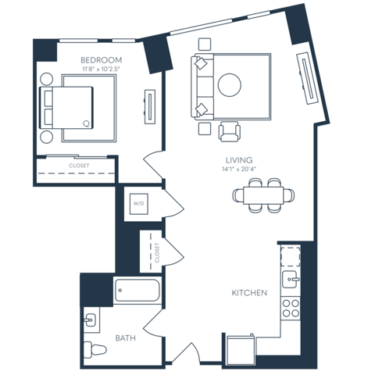 Rendering of the A11 floor plan with 1 bedroom[s] and 1 bathroom[s] at 25 North Lex