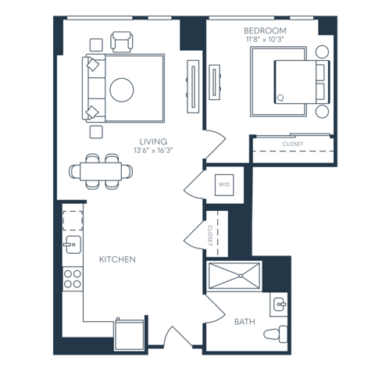 Rendering of the A7 floor plan with 1 bedroom[s] and 1 bathroom[s] at 25 North Lex