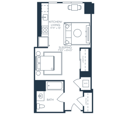Rendering of the S2 floor plan with a Studio bedroom and 1 bathroom[s] at 25 North Lex