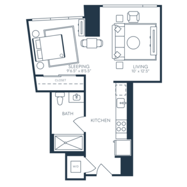 Rendering of the S6 floor plan with a Studio bedroom and 1 bathroom[s] at 25 North Lex