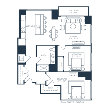 Rendering of the B1 floor plan with 2 bedroom[s] and 1 bathroom[s] at 25 North Lex