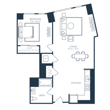Rendering of the A12.1 floor plan with 1 bedroom[s] and 1 bathroom[s] at 25 North Lex