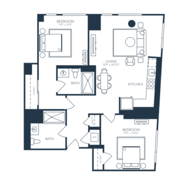 Rendering of the B4 floor plan with 2 bedroom[s] and 2 bathroom[s] at 25 North Lex
