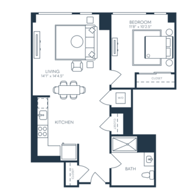 Rendering of the A9 floor plan with 1 bedroom[s] and 1 bathroom[s] at 25 North Lex