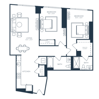 Rendering of the B7 floor plan with 2 bedroom[s] and 2 bathroom[s] at 25 North Lex