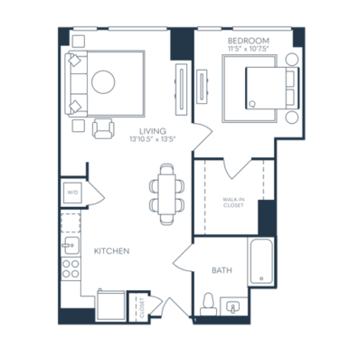 Rendering of the A11.2 floor plan with 1 bedroom[s] and 1 bathroom[s] at 25 North Lex