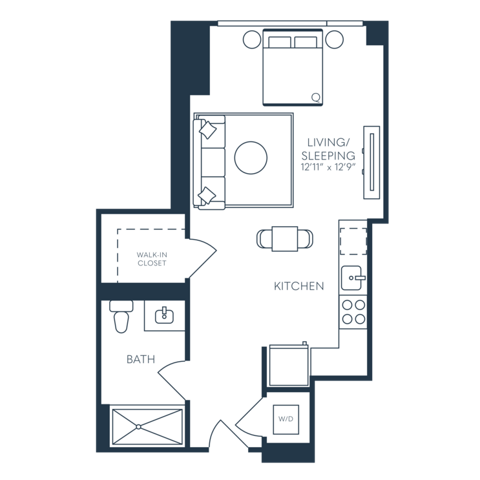 Rendering of the S4 floor plan with a Studio bedroom and 1 bathroom[s] at 25 North Lex