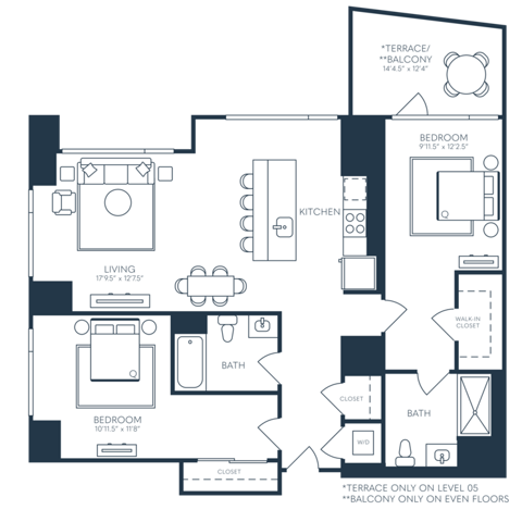 Rendering of the B6 floor plan with 2 bedroom[s] and 2 bathroom[s] at 25 North Lex