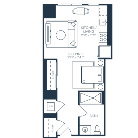 Rendering of the S1 floor plan with a Studio bedroom and 1 bathroom[s] at 25 North Lex