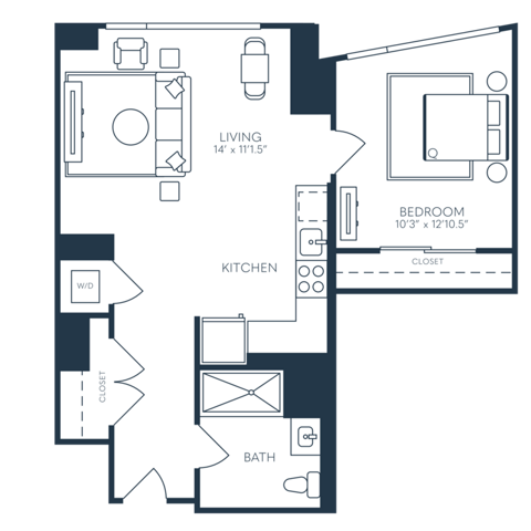 Rendering of the A3 floor plan with 1 bedroom[s] and 1 bathroom[s] at 25 North Lex
