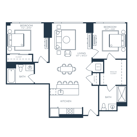Rendering of the B2 floor plan with 2 bedroom[s] and 2 bathroom[s] at 25 North Lex