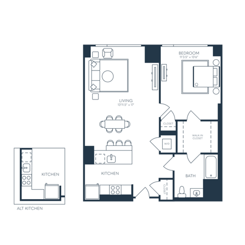 Rendering of the A12.2 floor plan with 1 bedroom[s] and 1 bathroom[s] at 25 North Lex