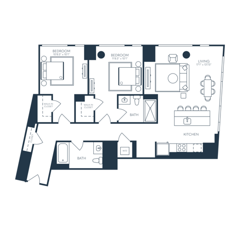 Rendering of the B8 floor plan with 2 bedroom[s] and 2 bathroom[s] at 25 North Lex