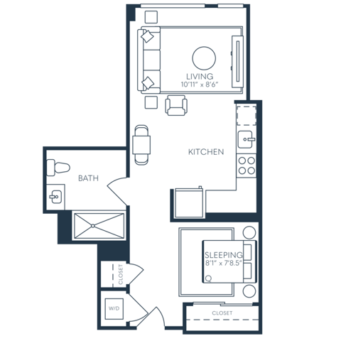 Rendering of the S5 floor plan with a Studio bedroom and 1 bathroom[s] at 25 North Lex