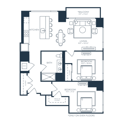 Rendering of the B1 floor plan with 2 bedroom[s] and 1 bathroom[s] at 25 North Lex