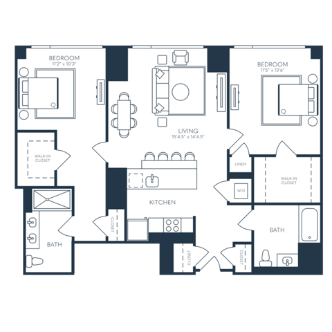 Rendering of the B5 floor plan with 2 bedroom[s] and 2 bathroom[s] at 25 North Lex
