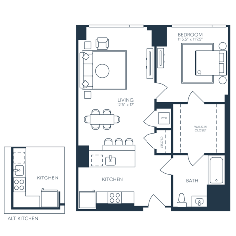 Rendering of the A10 floor plan with 1 bedroom[s] and 1 bathroom[s] at 25 North Lex