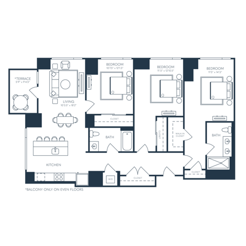 Rendering of the C1 floor plan with 3 bedroom[s] and 2 bathroom[s] at 25 North Lex