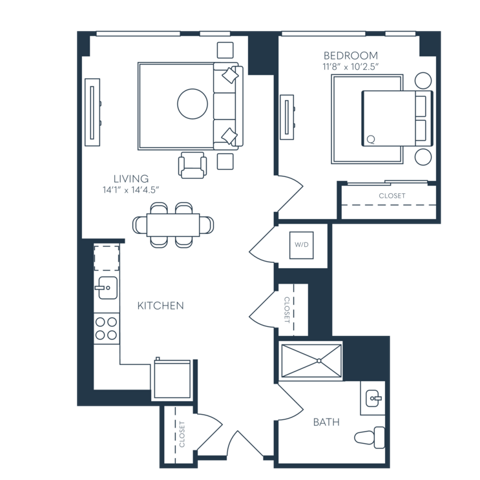 Rendering of the A9 floor plan with 1 bedroom[s] and 1 bathroom[s] at 25 North Lex