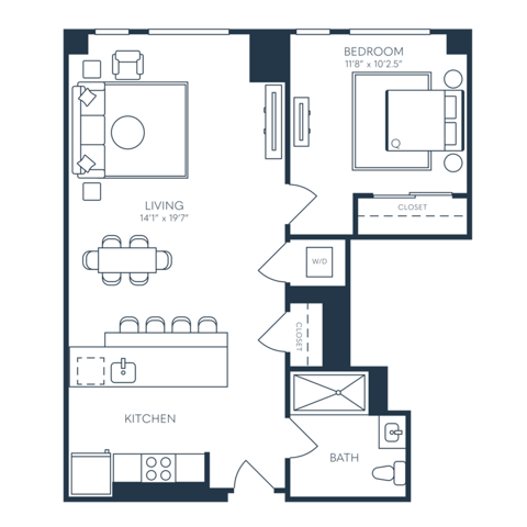 Rendering of the A10.1 floor plan with 1 bedroom[s] and 1 bathroom[s] at 25 North Lex