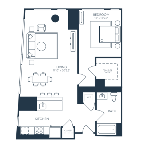 Rendering of the A12.3 floor plan with 1 bedroom[s] and 1 bathroom[s] at 25 North Lex