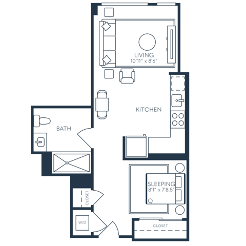 Rendering of the S5 floor plan with a Studio bedroom and 1 bathroom[s] at 25 North Lex