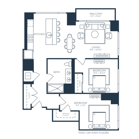 Rendering of the B1 floor plan with 2 bedroom[s] and 1 bathroom[s] at 25 North Lex