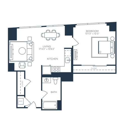 Rendering of the A5 floor plan with 1 bedroom[s] and 1 bathroom[s] at 25 North Lex