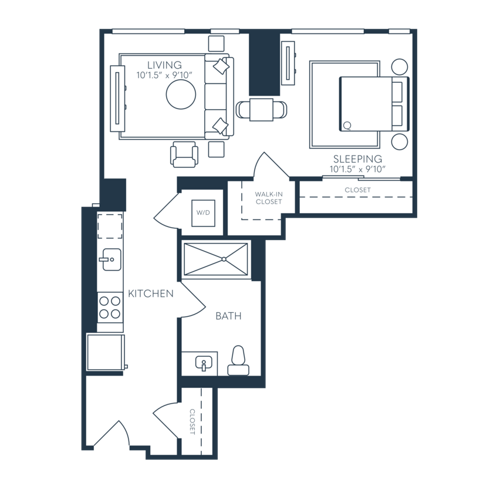 Rendering of the S7 floor plan with a Studio bedroom and 1 bathroom[s] at 25 North Lex