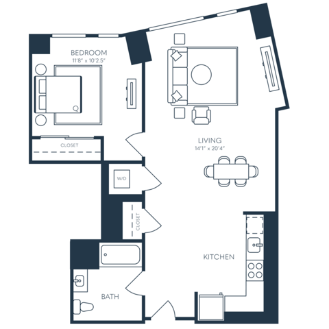 Rendering of the A11 floor plan with 1 bedroom[s] and 1 bathroom[s] at 25 North Lex