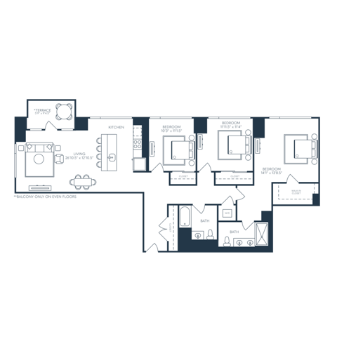 Rendering of the C2 floor plan with 3 bedroom[s] and 2 bathroom[s] at 25 North Lex