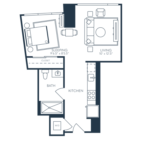 Rendering of the S6 floor plan with a Studio bedroom and 1 bathroom[s] at 25 North Lex
