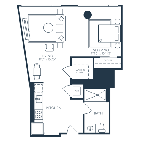 Rendering of the S8 floor plan with a Studio bedroom and 1 bathroom[s] at 25 North Lex