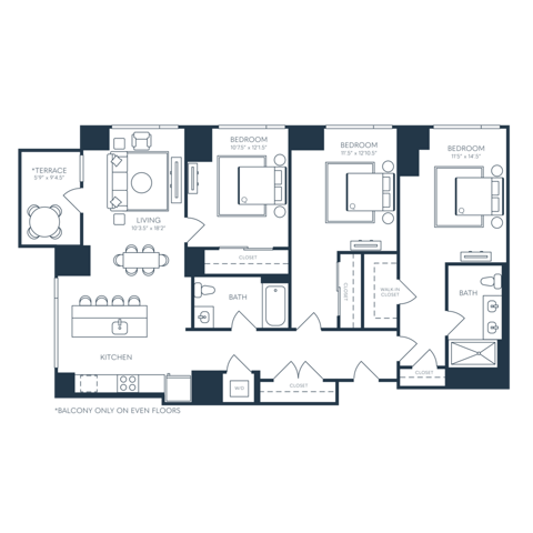 Rendering of the C1 floor plan with 3 bedroom[s] and 2 bathroom[s] at 25 North Lex