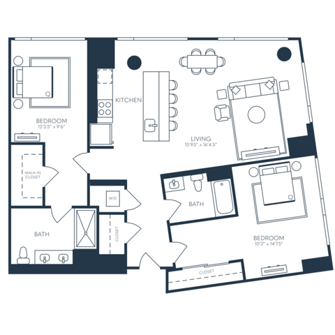 Rendering of the B9 floor plan with 2 bedroom[s] and 2 bathroom[s] at 25 North Lex