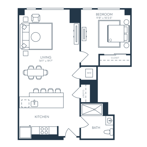 Rendering of the A10.1 floor plan with 1 bedroom[s] and 1 bathroom[s] at 25 North Lex