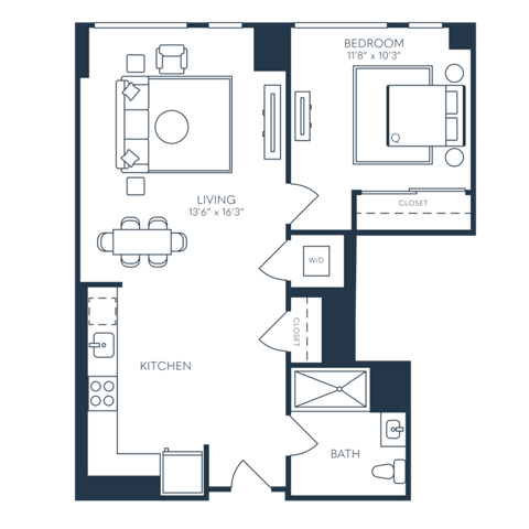 Rendering of the A7 floor plan with 1 bedroom[s] and 1 bathroom[s] at 25 North Lex