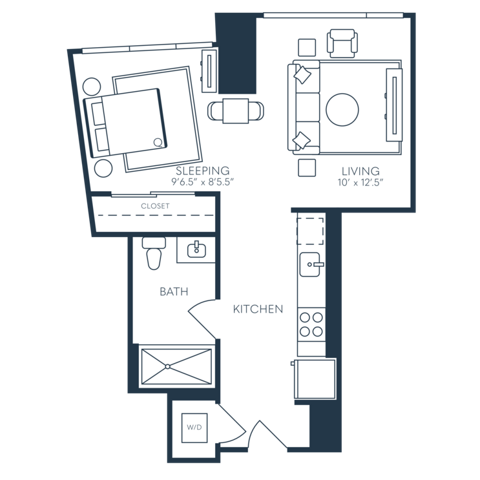 Rendering of the S6 floor plan with a Studio bedroom and 1 bathroom[s] at 25 North Lex